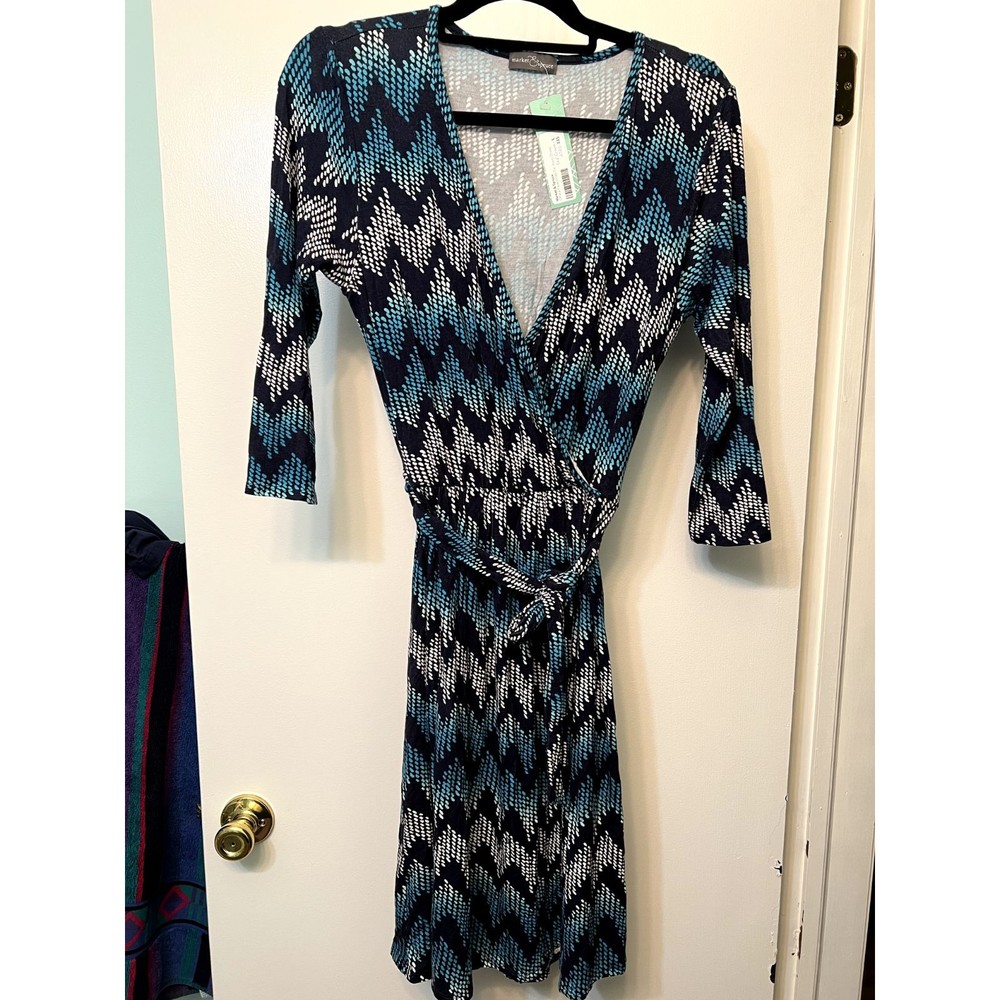 Market & Spruce Ohara Faux Wrap Dress Knit Stitchfix Geometric Blue Black L NWT